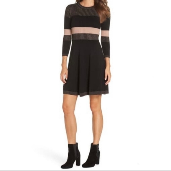 Eliza J Ribbed Fit & Flare Sweater Dress Pink shimmer black size.Large W… - Picture 2 of 10